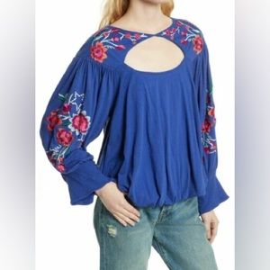 Free People Blue Lita Embroidered Top Size Small